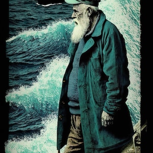 May include: An older man with a white beard and a green coat stands on a wooden boat deck. He is looking out at a stormy sea with large waves. A ship with white sails is in the distance.