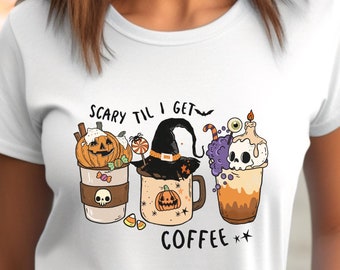 Halloween Coffee Graphic Tee, Funny Halloween Shirt, Spooky Coffee Lover T-Shirt, Scary Til I Get Coffee Tee, Halloween Mug T-Shirt