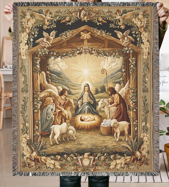 Nativity Woven Blanket: Christmas Tapestry Throw