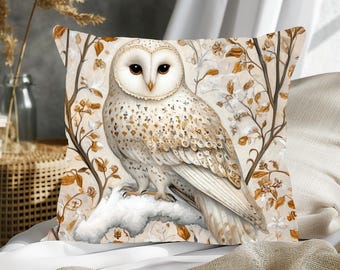 Cottagecore Owl Throw Pillow: White & Golden Accent Decor