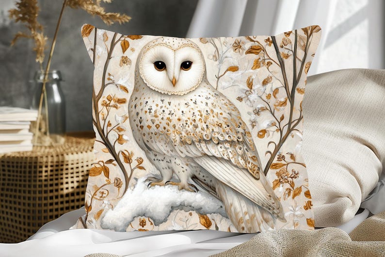 May include: A white owl with brown markings sits on a branch with white flowers and brown leaves. The owl is perched on a snowy branch with a white background.
