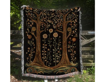 Woodland Tree Woven Blanket: Whimsical Forest Tapestry