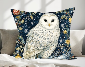 Christmas Owl Pillow, Winter Owl Throw Pillow,  Cottagecore Couch Decorative Pillow, William Morris Inspired Throw Pillow