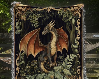 Dragon Woven Blanket, Mythical Throw for Fantasy Lovers, Medieval Dragon Decorative Tapestry