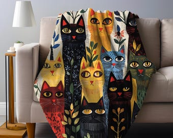 Cat Folk Art Velveteen Plush Blanket: Cottagecore Throw