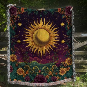Boho Woven Blanket - Sun and Moon Tapestry, Bohemian Home Decor, Mystic Boho Blanket