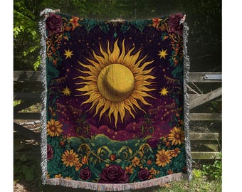 Boho Sun and Moon Woven Blanket: Celestial Home Decor