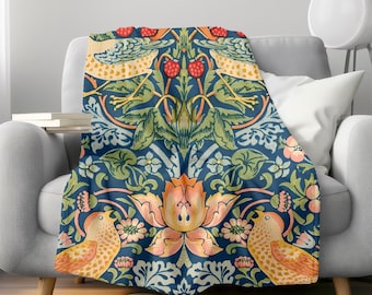 William Morris Print Throw Blanket: Cottagecore Floral Velveteen Blanket