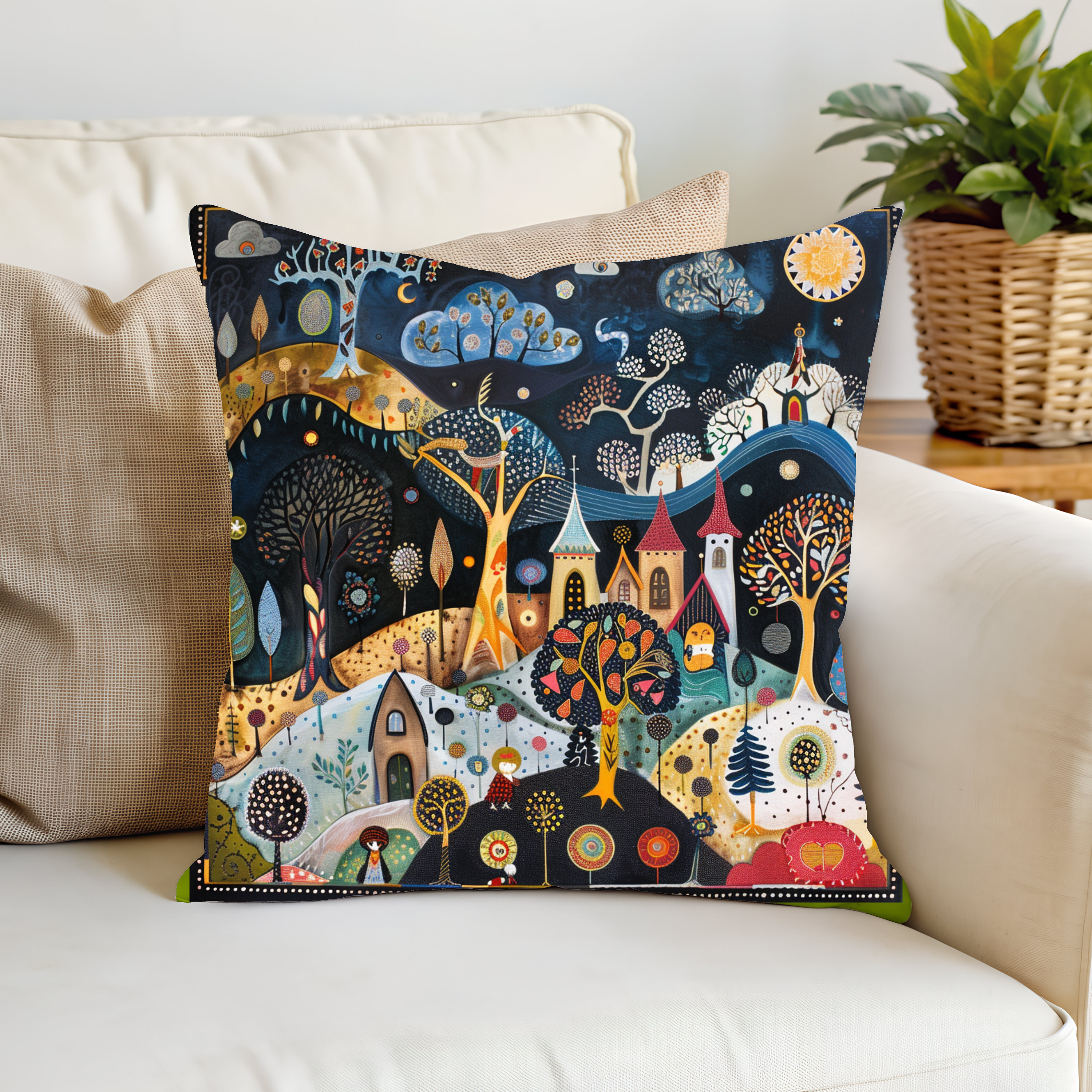 Scandinavian Folk Art Throw Pillow, Cottagecore Nature Pillow, Nordic Accent Throw Square Pillow