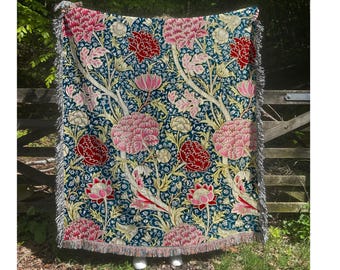 William Morris Floral Woven Cotton Blanket: Botanical Boho Throw