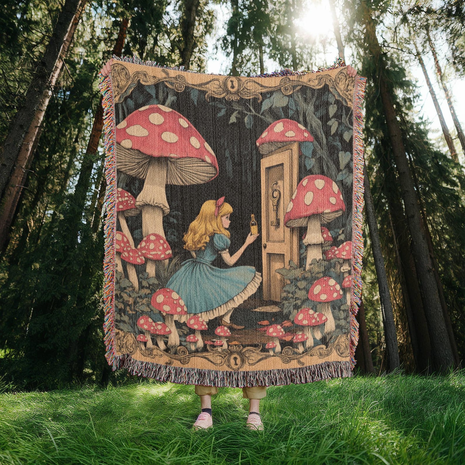 Alice in Wonderland Blanket: Cotton Cottagecore Throw with Fringed Edges