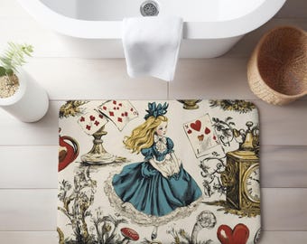 tapis de bain vintage Alice au pays des merveilles, décoration de salle de bain fantaisiste, cadeau sur le thème d'Alice, tapis de salle de bain, article de style maison