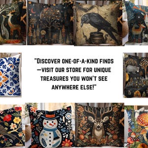 May include: A collection of 10 decorative throw pillow covers featuring various designs, including a forest scene with deer, a snowman, a deer with antlers, and mushrooms. The pillow covers are all black with colorful accents.