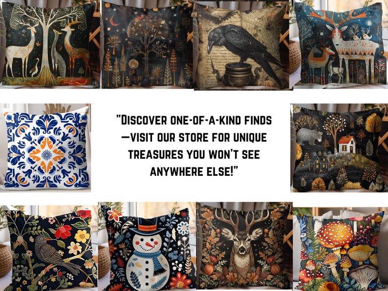 May include: A collection of 10 decorative throw pillow covers featuring various designs, including a forest scene with deer, a snowman, a deer with antlers, and mushrooms. The pillow covers are all black with colorful accents.