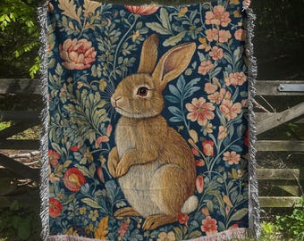 Two Rabbits Woven Blanket William Morris Inspired 100% Cotton
