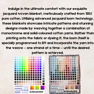 May include: A close-up of two woven blankets with a color chart showing the different colors of yarn used in the blankets. The blankets are made with a jacquard loom and feature intricate patterns. The text "ArtStudio905" is visible in the bottom right corner of the image.