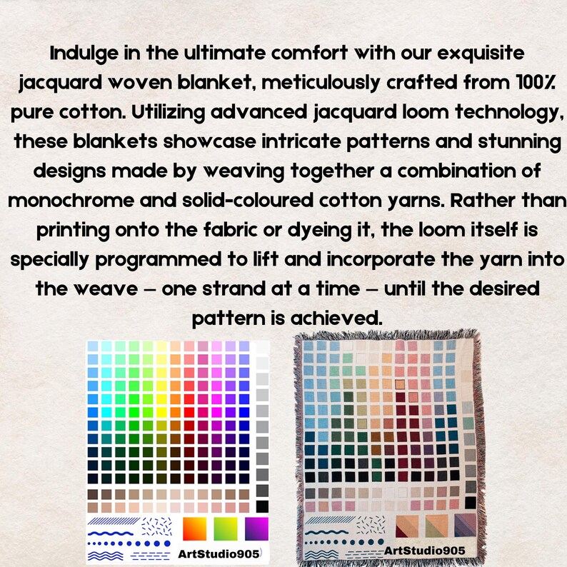 May include: A close-up of two woven blankets with a color chart showing the different colors of yarn used in the blankets. The blankets are made with a jacquard loom and feature intricate patterns. The text "ArtStudio905" is visible in the bottom right corner of the image.