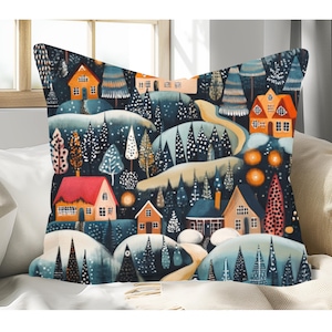 Nordic Winter Village Pillow: Scandinavian Folk Art Cushion