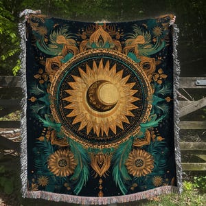 Boho Sun and Moon Woven Blanket Tapestry - Celestial Home Decor, Boho Blanket, Sun and Moon Wall Hanging, Universe Throw Blanket,
