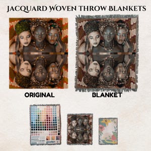 May include: A woven throw blanket with a colorful pattern of three women's faces. The blanket is made of a soft, comfortable material and is perfect for adding a touch of style to any room.