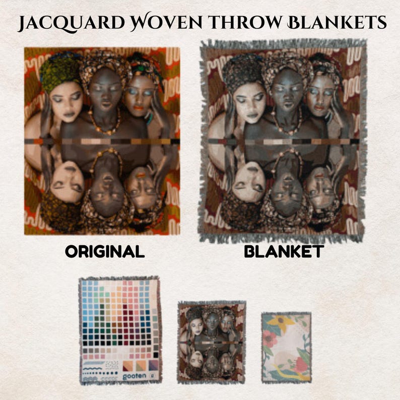 May include: A woven throw blanket with a colorful pattern of three women's faces. The blanket is made of a soft, comfortable material and is perfect for adding a touch of style to any room.