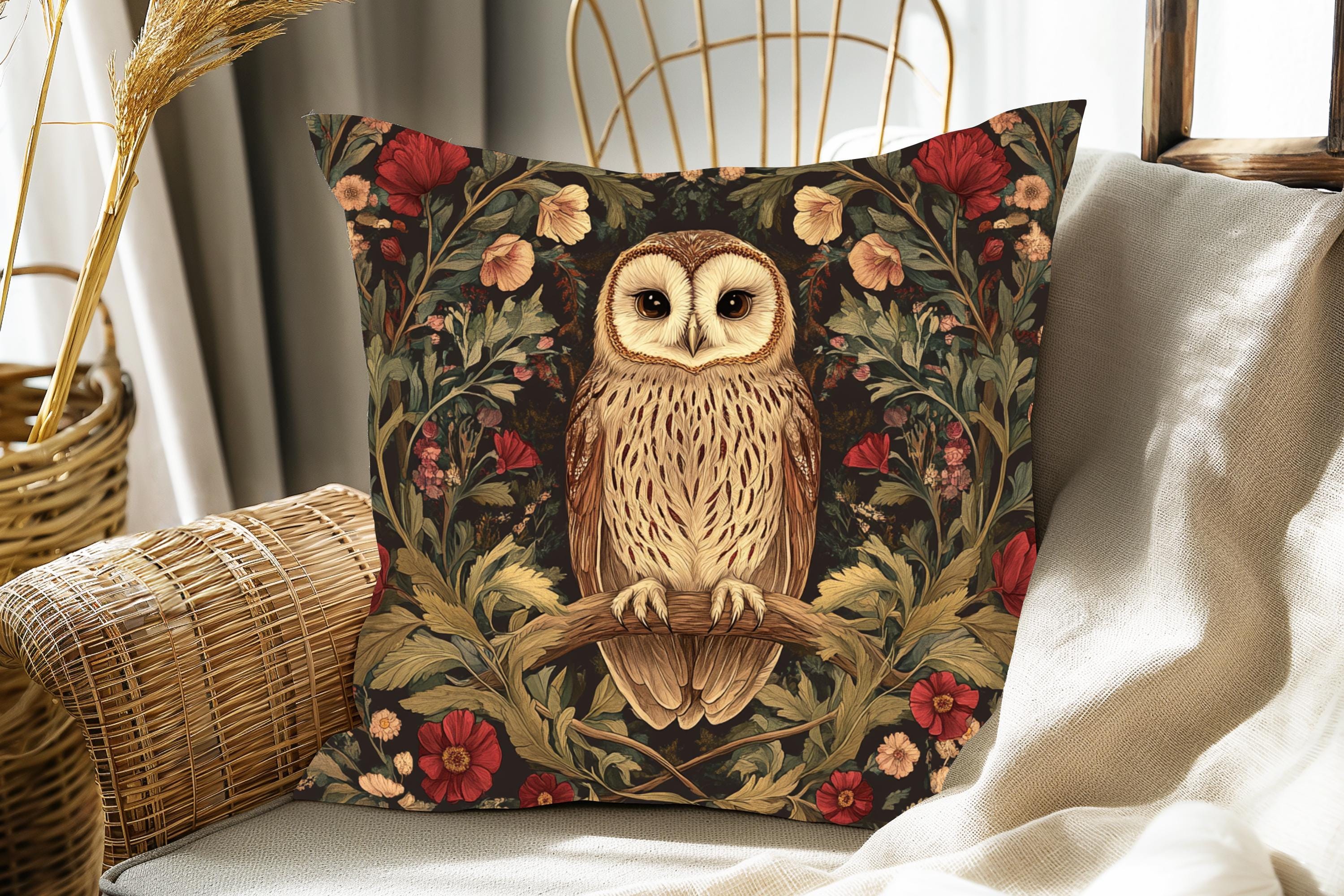 Cottagecore Owl Pillow: Floral Decorative Throw Pillow