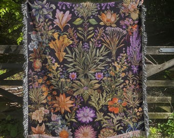 Botanical Floral Woven Blanket: Cotton Couch Throw with Fringed Edges