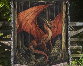 Dragon Woven Blanket: Medieval Fantasy Throw, Dragon Lover Gift