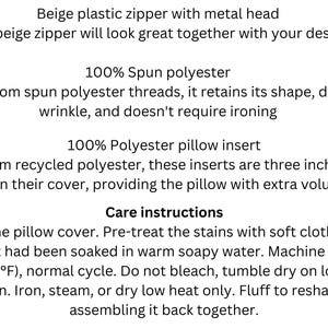 May include: Beige pillow insert made from recycled polyester. The insert is three inches larger than the cover, providing extra volume. Care instructions include machine washing at 40&deg;C (104&deg;F), tumble drying on low, and ironing on low heat.