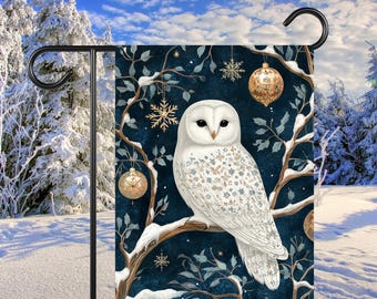 Winter Owl Garden & House Banner, White Christmas Owl Garden Flag, Cottagecore Garden Decor