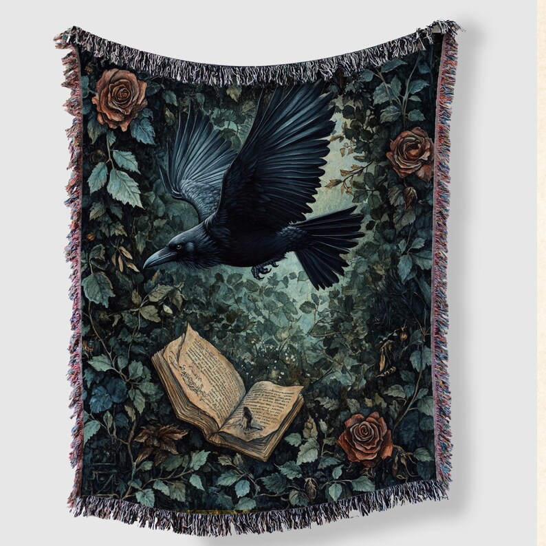 Dark Academia Raven Woven Blanket, Dark Cottagecore Woven Throw Blanket