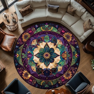 May include: A round mandala rug with a purple, green, gold, and white design. The rug has a floral pattern with intricate details.