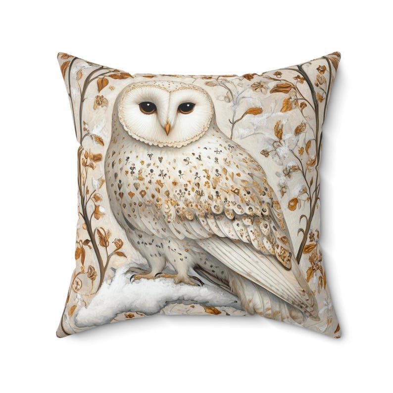 Cottagecore Owl Throw Pillow: White & Golden Accent Decor image 3