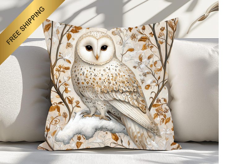 May include: A white and brown owl with gold accents sits on a branch with white snow and brown leaves. The owl is perched on a branch with a white background.