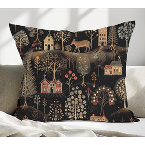 Nordic Folkart Pillow: Scandinavian Winter Village Throw Cushion