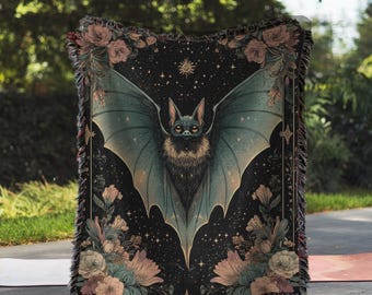 Vintage Floral Bat Woven Blanket | Gothic Botanicals, Night Sky