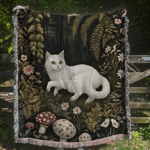 White Cat Woven Blanket, Cottagecore Tapestry, Cozy Home Decor, Cat Lover Gift, Farmhouse Throw Blanket
