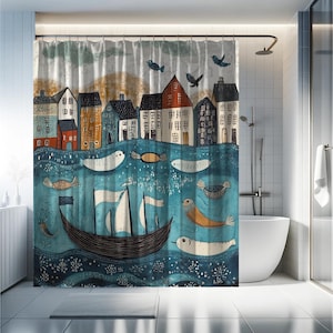 May include: A whimsical shower curtain featuring a coastal town scene. Colorful buildings line the top, above a sea with a sailboat, fish, and seals. The curtain has a blue and white color scheme, with a cloudy sky background.