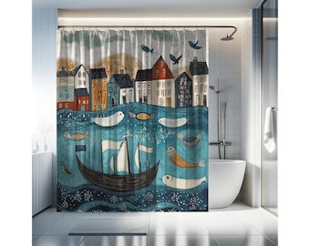 Scandinavian Folk Art Shower Curtain: Nordic Coastal Design