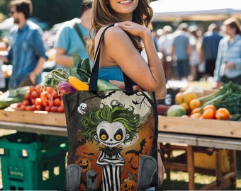 Halloween Tote Bag , Funny Creepy book bag. Beetlejuice Inspired Bag for Work, School, Travel