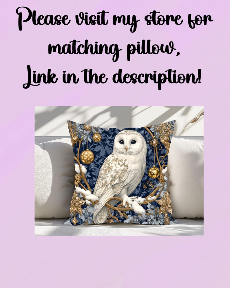 May include: A white owl with gold accents sits on a branch with blue and gold leaves. The owl is perched on a blue and gold throw pillow.