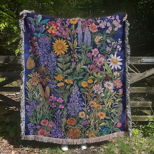 Botanical Woven Cotton Throw Blanket: Floral Fringed Edges