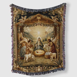 May include: A woven tapestry depicting the Nativity scene with Mary, Joseph, and the baby Jesus in a manger. Angels and sheep surround the manger, and a star shines brightly above. The tapestry is framed by a wooden archway and has a fringed border.