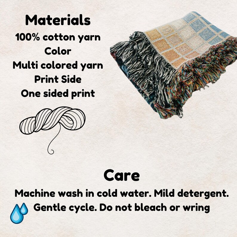 May include: Multi-colored cotton yarn throw blanket with fringe. The blanket has a geometric pattern and is one-sided. Care instructions: Machine wash cold, gentle cycle, mild detergent, do not bleach or wring.