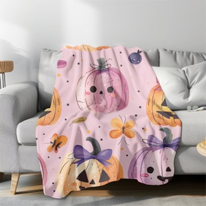 Halloween Preppy Pumpkin Velveteen Plush Blanket, Fall Coquette Pumpkin Blanket, Halloween Plush Velveteen Blanket