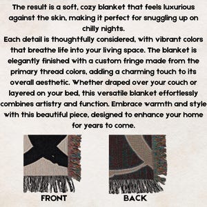 May include: A woven throw blanket with a black and white design on the front and a multi-colored design on the back. The blanket has a fringe border.