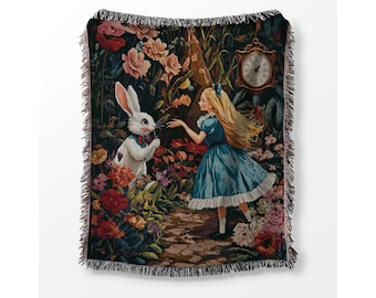 Alice in Wonderland Woven Blanket, Cottagecore Alice and White Rabbit Throw