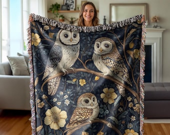 Gewebte Eulen Decke: Boho Cottagecore Wandteppich