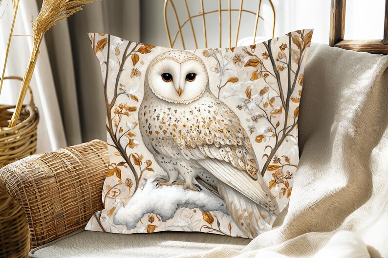 May include: A white owl with brown markings sits on a branch with white and brown leaves. The owl is perched on a snow-covered branch. The background is a white and brown floral pattern.