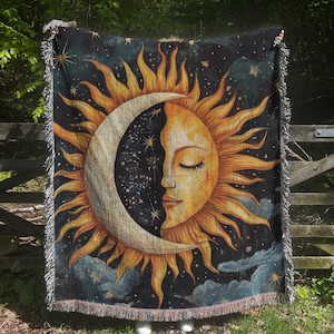Celestial Sun and Moon Woven Blanket | Cozy Home Decor, Bohemian Throw, Astrology Gift, Sun and Moon Tapestry, Starry Night Blanket